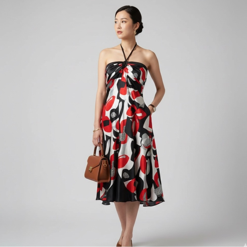 Bisou Bisou Babydoll‎ Abstract Halter Y2K Dress Sz 14